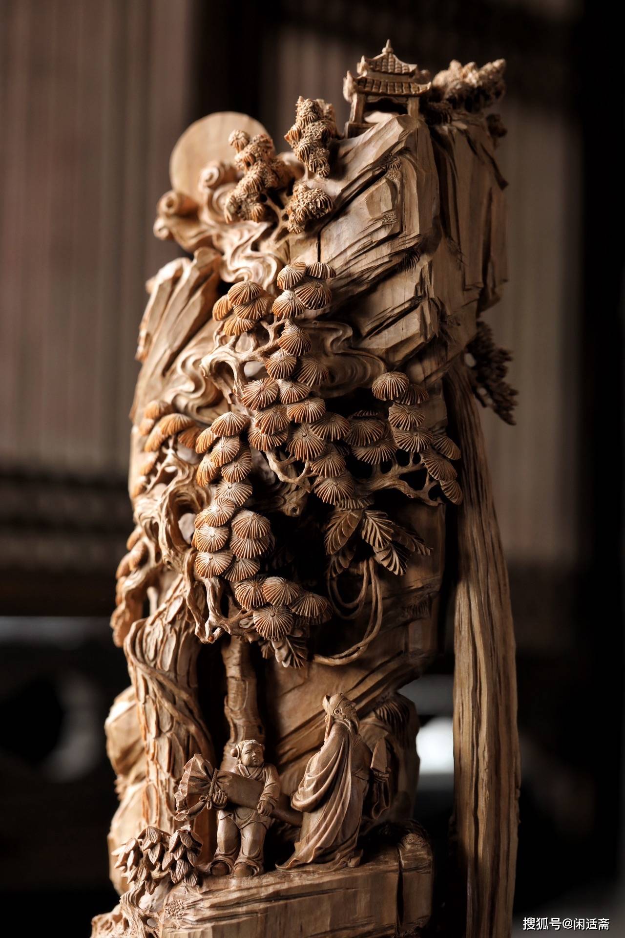 原创雅室清供檀香木雕烟云观瀑艺术摆件