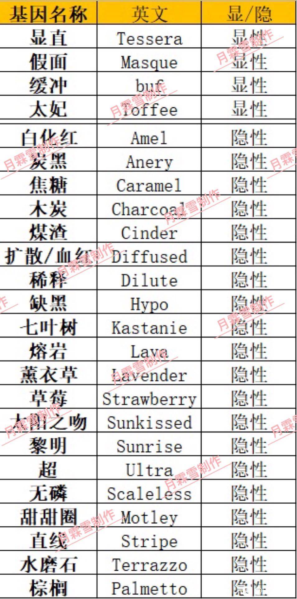 玉米蛇基因明细表