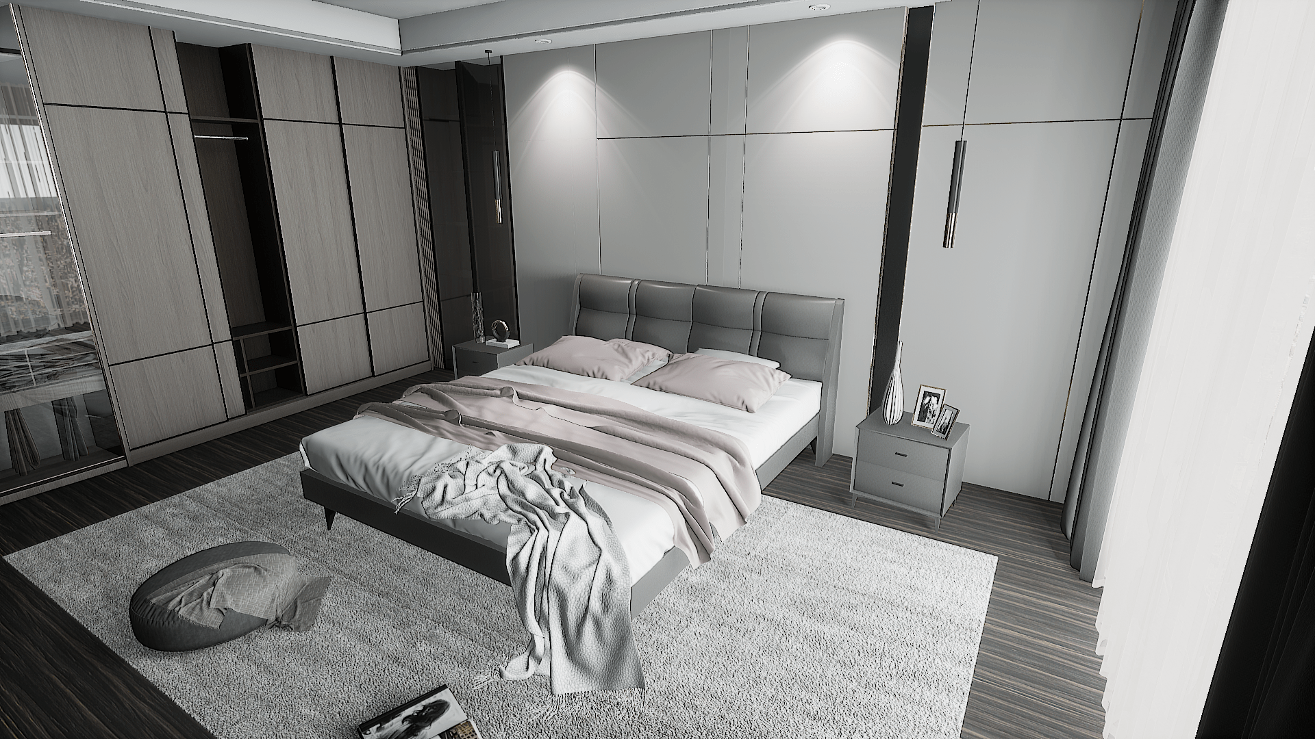 黑色金属包边增加了精致感卧室更多的强调舒适感,加入原木色地板的