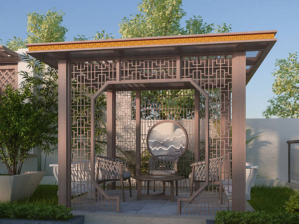 是一种极具生命力的材质,如果想新中式凉亭再现代一些,可融入玻璃