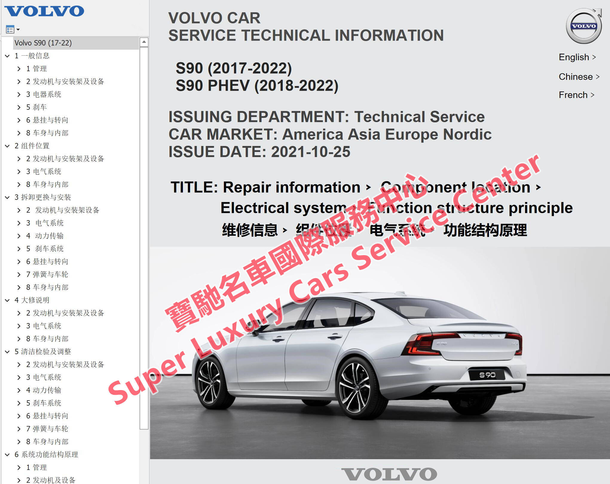 2018-2023富豪volvo沃尔沃维修手册线路图技术资料xc40 xc60 xc90 v60