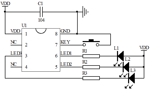 电子玩具闪灯ic五.封装尺寸图(sop-8)三路跑马灯芯片六.