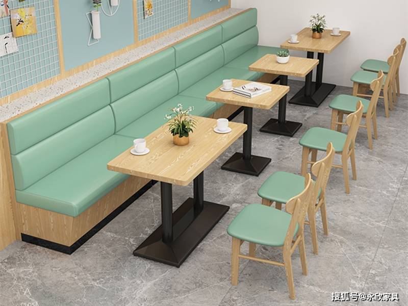 长条靠墙转角卡座沙发搭配桌子椅子整体效果图