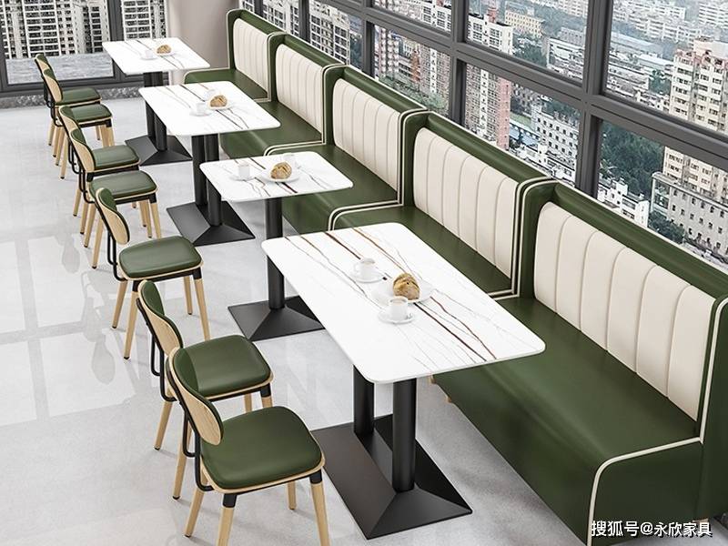 长条靠墙转角卡座沙发搭配桌子椅子整体效果图