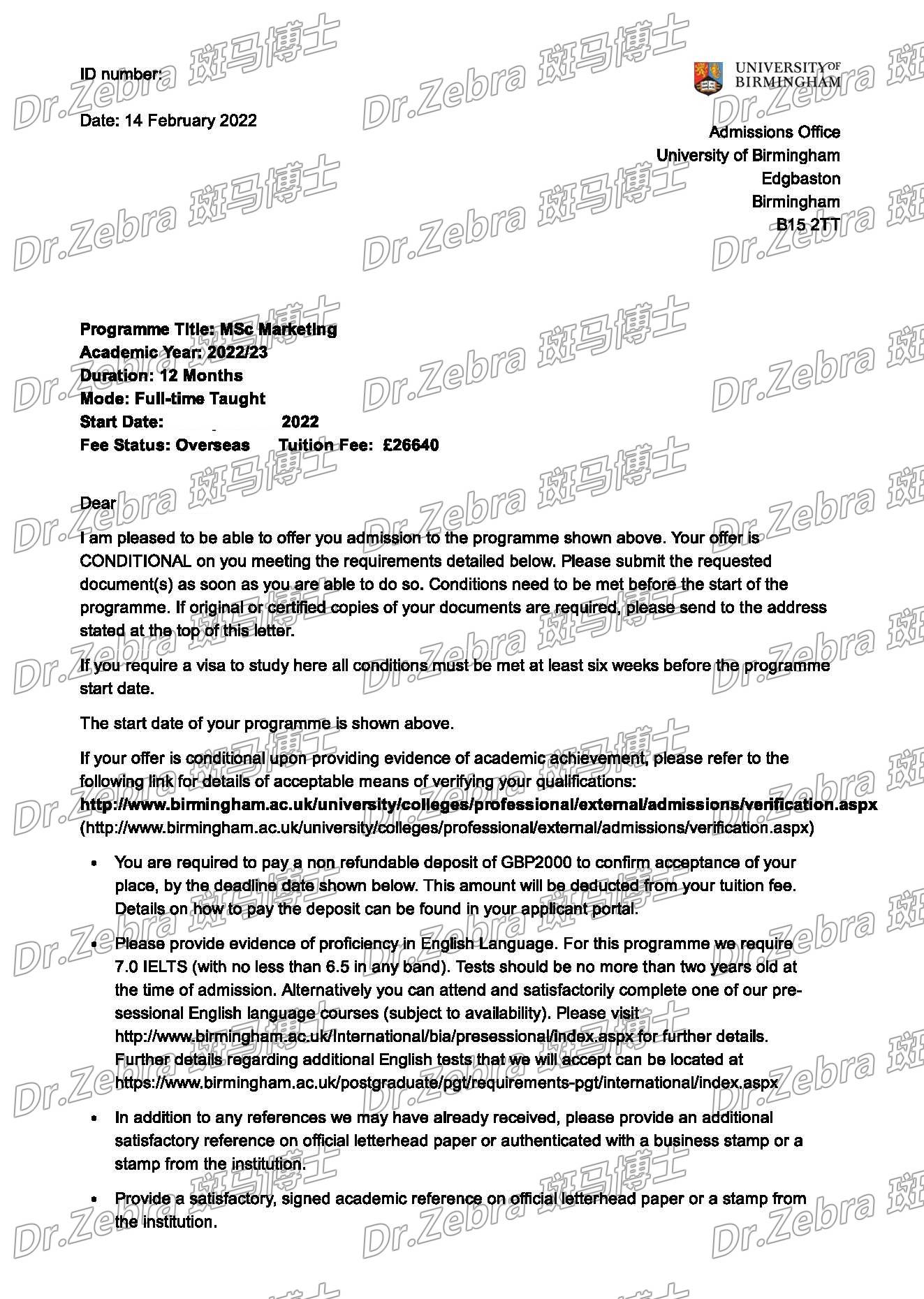 斑马博士伯明翰大学universityofbirminghammscmarketing录取offer2