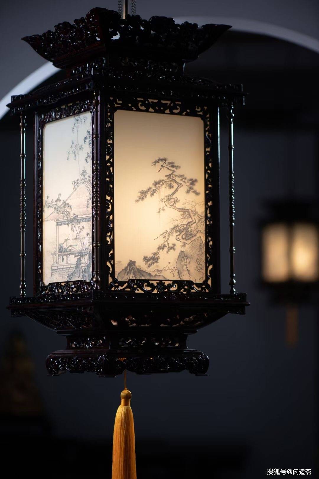 安思远藏款,大红酸枝满雕,中式四方宫廷吊灯_宫灯_工艺品_玻璃