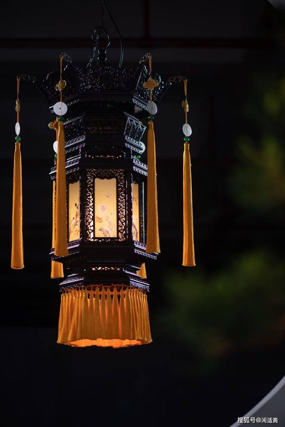 原创中式奢华大红酸枝镶花鸟薄胎瓷板六角吊式宫灯