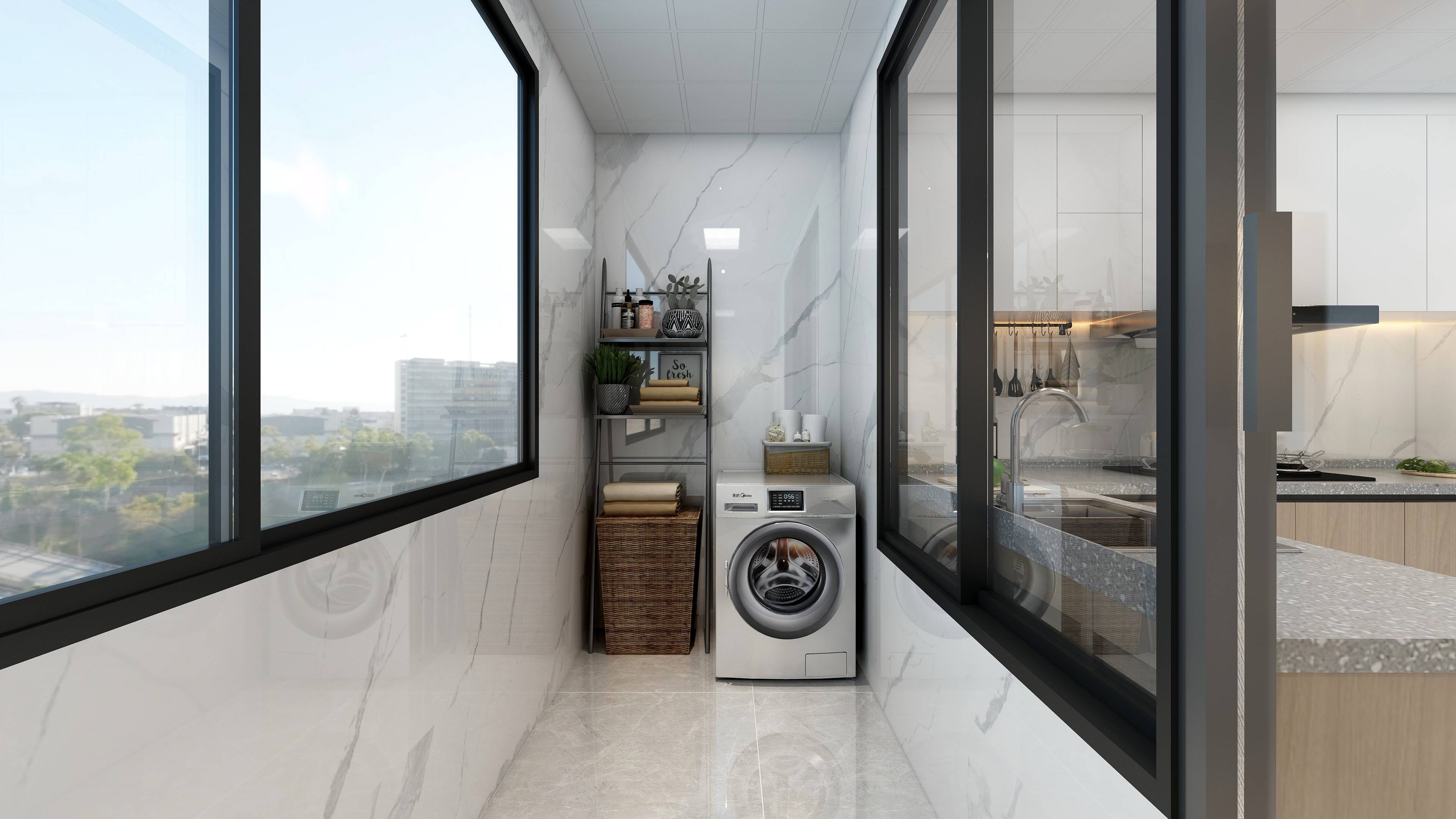 将洗衣机,洗手台设置在阳台,同步增加收纳吊柜或立柜,不仅有了洗衣房