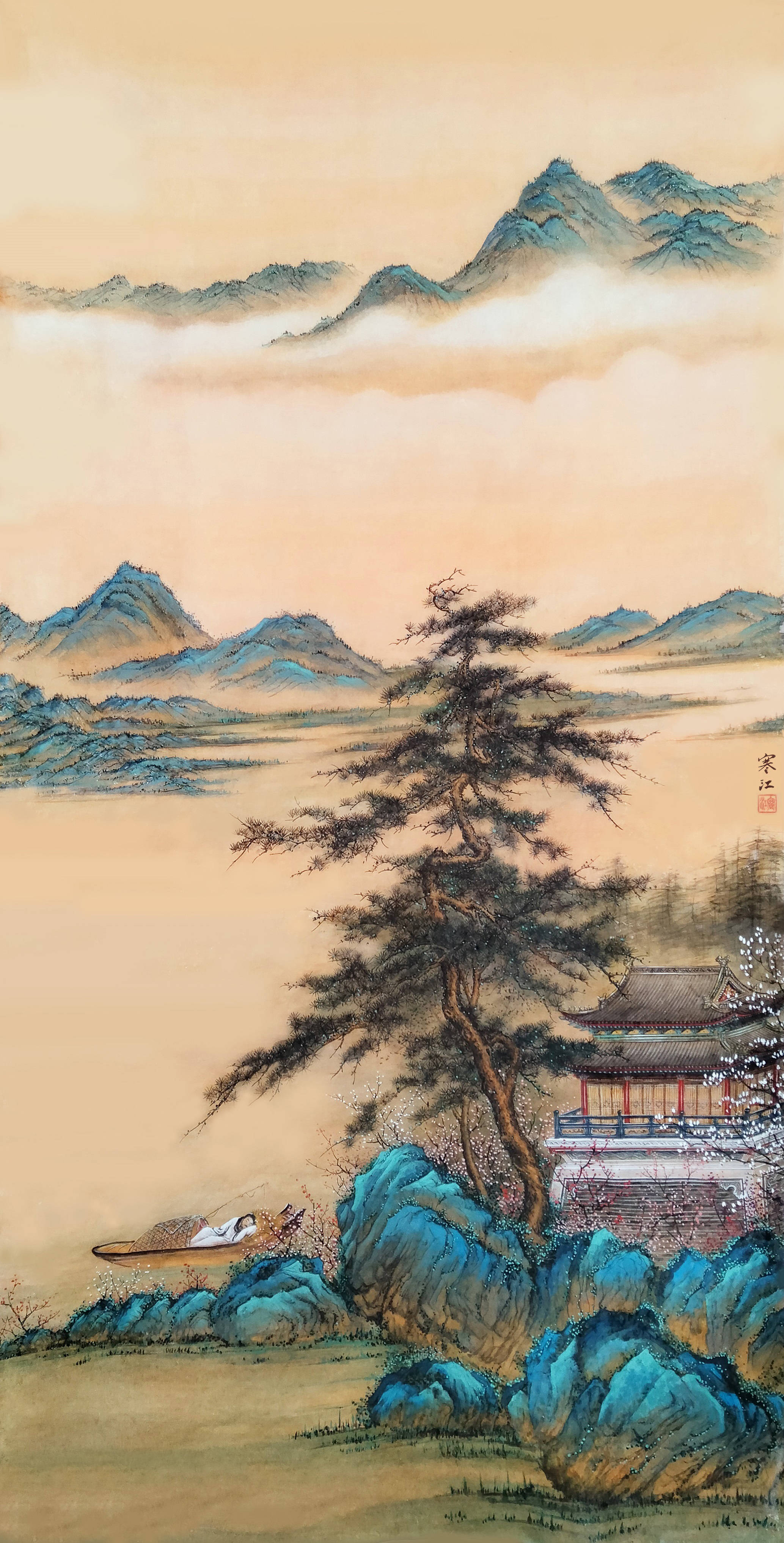 界画寒江工笔界画桃花仙人躺平图