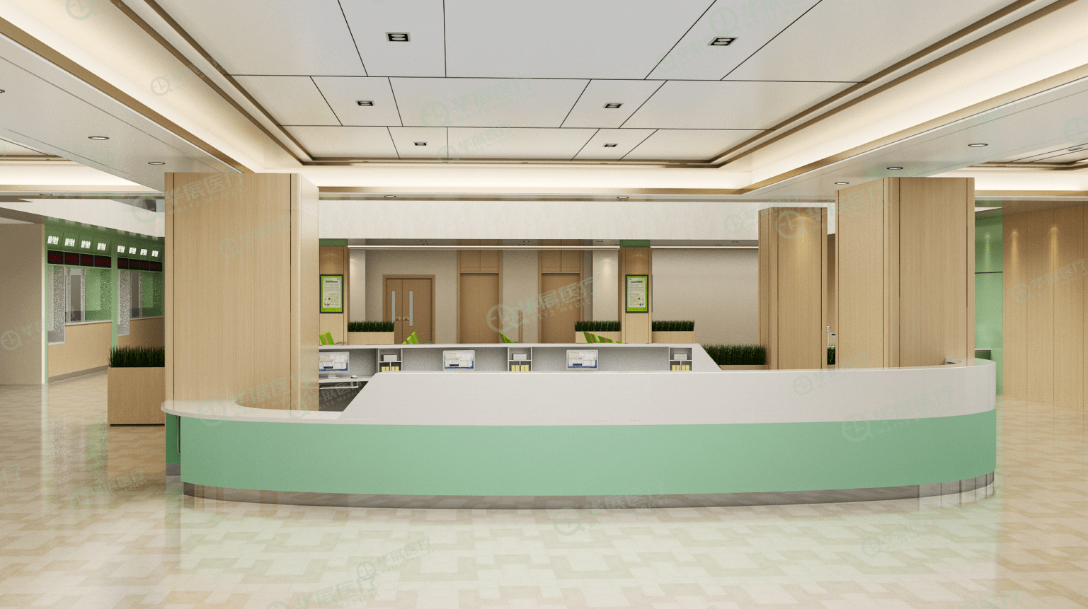 医院大厅导医台一般设置在门诊入口处的醒目位置,导医台可为患者就诊