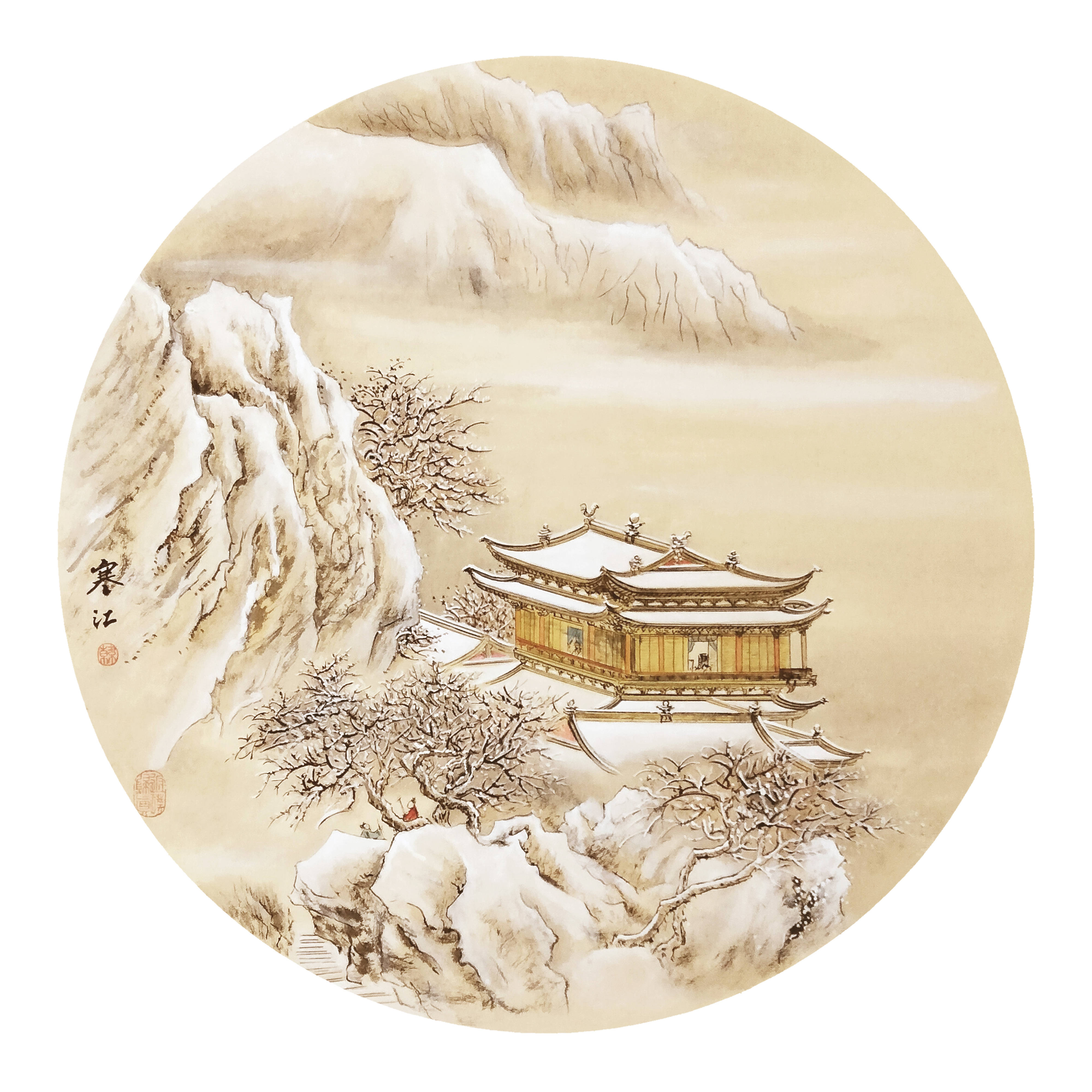 团扇雪景写意山水小品图片