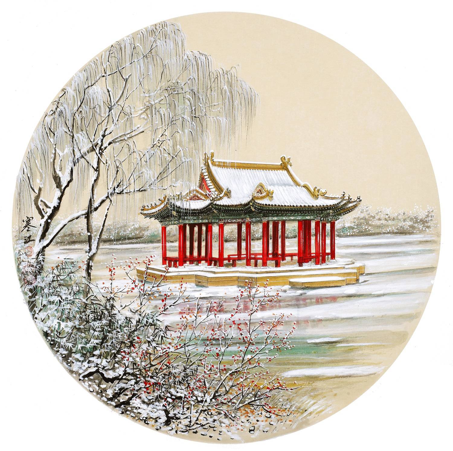 界画寒江-工笔雪景界画《太液池.