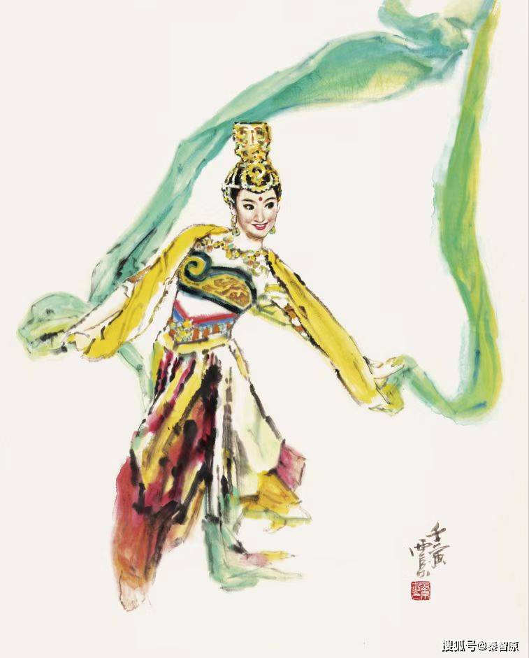 ウイグルの娘の舞 中国画（水墨画）、人物、少数民族の娘 ウイグルの娘の舞 中国画（水墨画）、人物、少数民族の娘