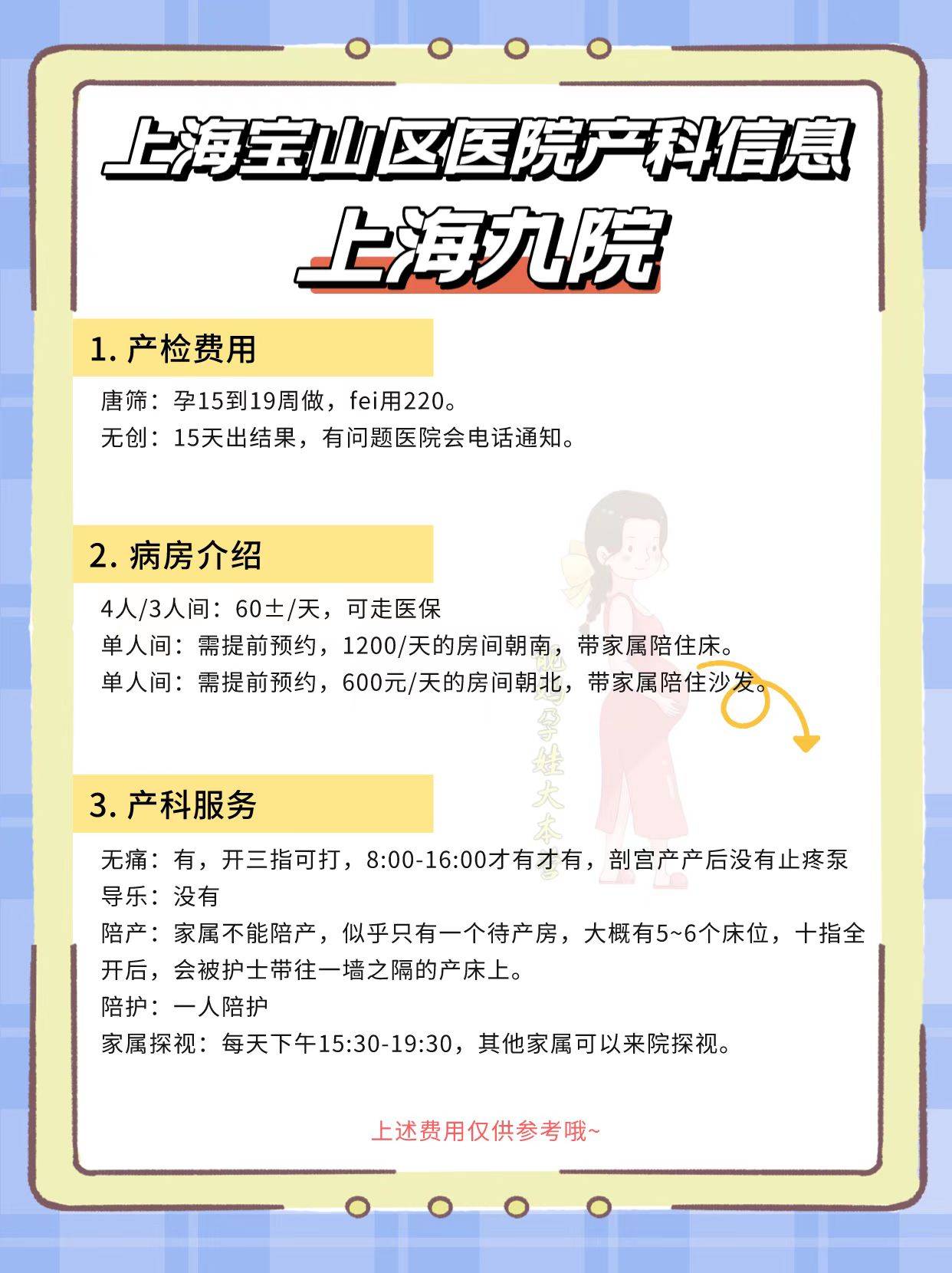 96病房介绍:单人间1000/天,双人间300/天,三人间54/天96产科服务