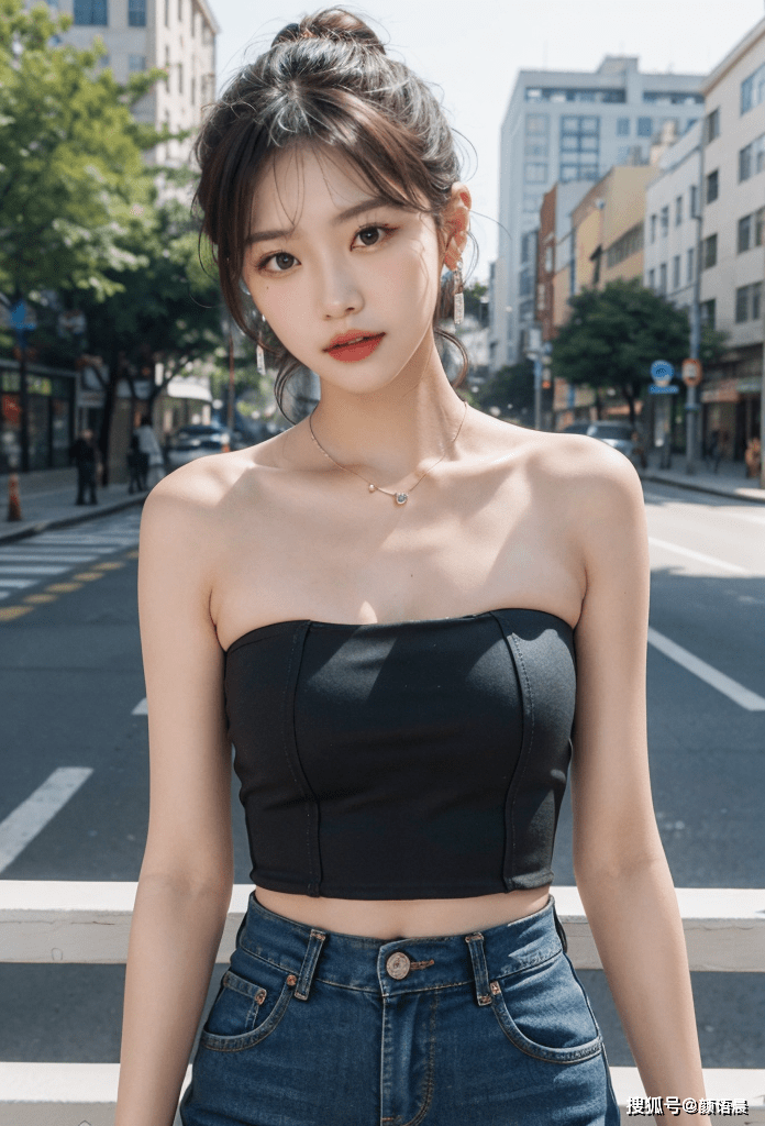 高清美女壁纸:街拍黑色抹胸与牛仔短裤女神,诠释时尚之美_的图片_双腿