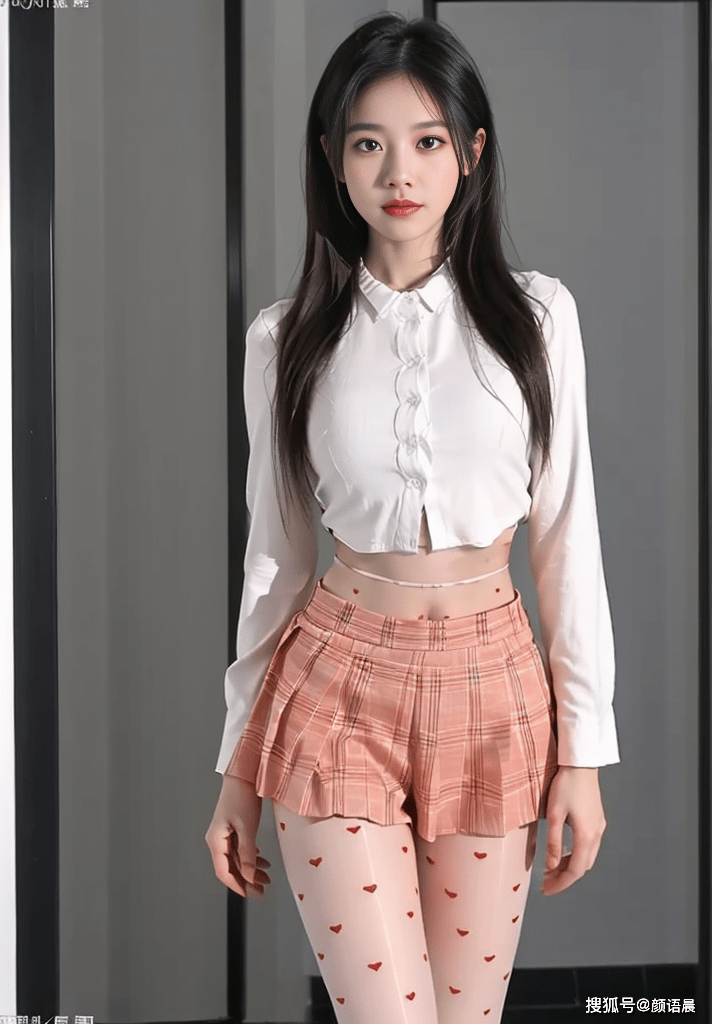 高清美女壁纸:白色露腰长袖衬衣与粉色格子短裙搭配爱心肉色丝袜_气质