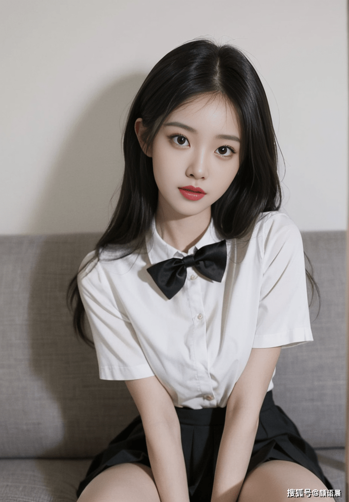 高清美女壁纸:白衬衣与黑百褶裙,黑白配的时尚之美