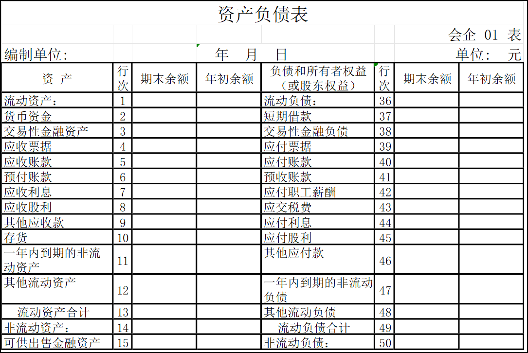 资产负债表2020高清图图片