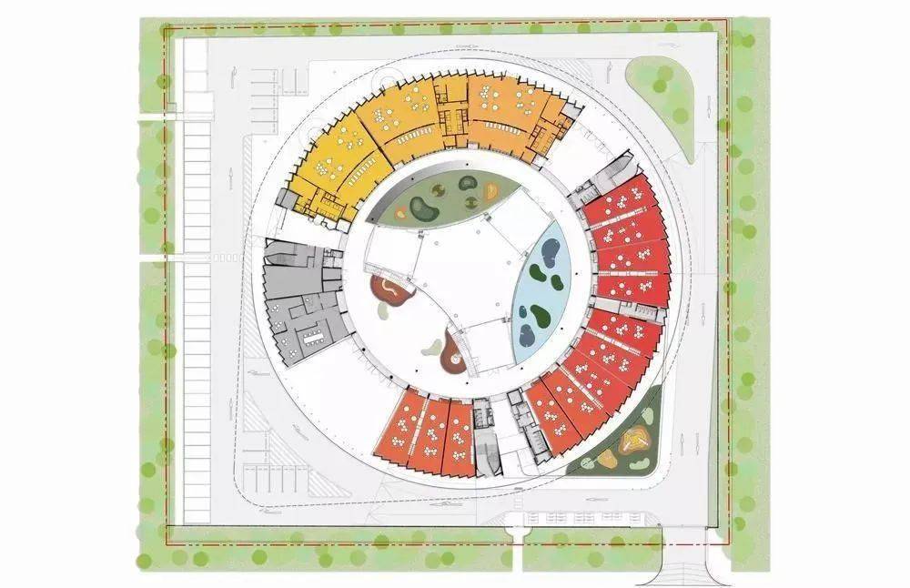 设计巧妙的圆形幼儿园设计搭配悬挑的屋顶