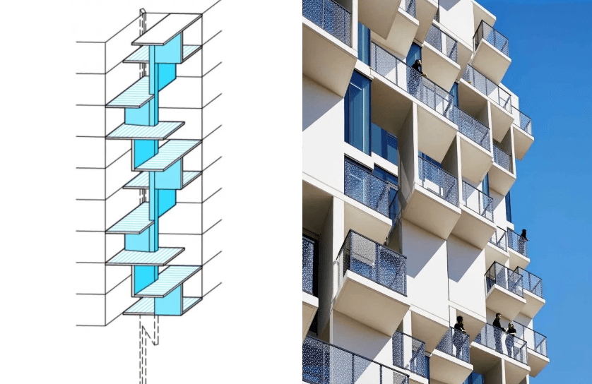 building f这个 23 层高的大楼,运用穿插的设计手法,构成独特的立面