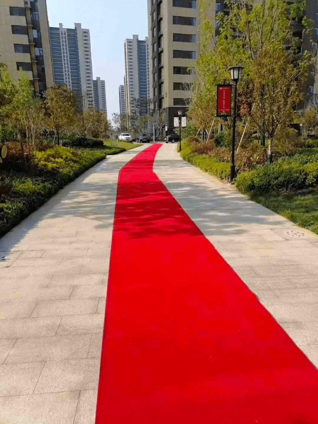 业主结婚前,客服人员精心布置园区在入户大堂门前铺设红地毯,摆放花架