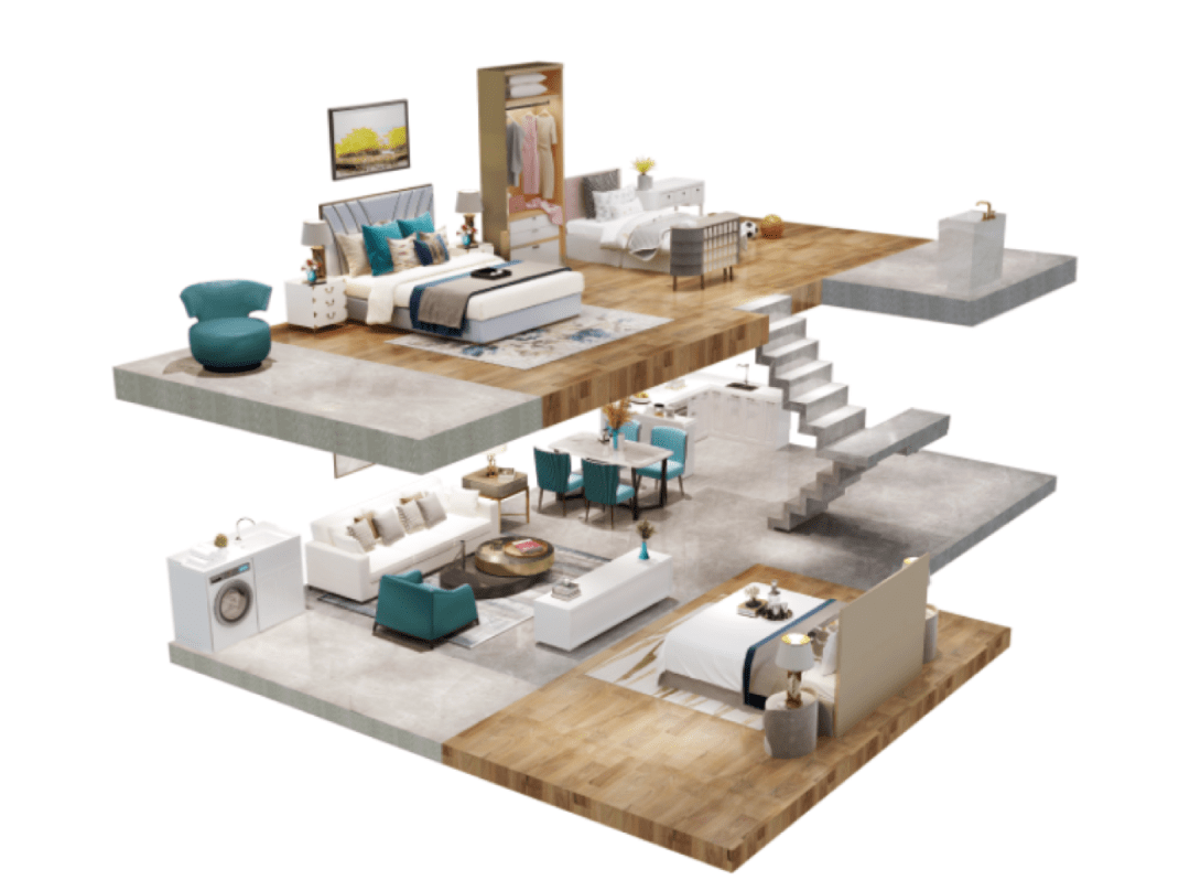 湖滨外滩约89㎡跃层3d户型效果图一层作为日常的家庭活动空间,与二层