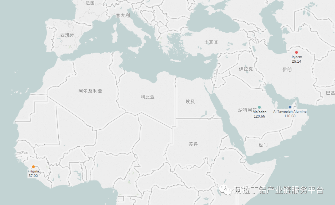 2019年中東&非洲地區氧化鋁廠產量分佈地圖數據來源:2019年中東&非洲