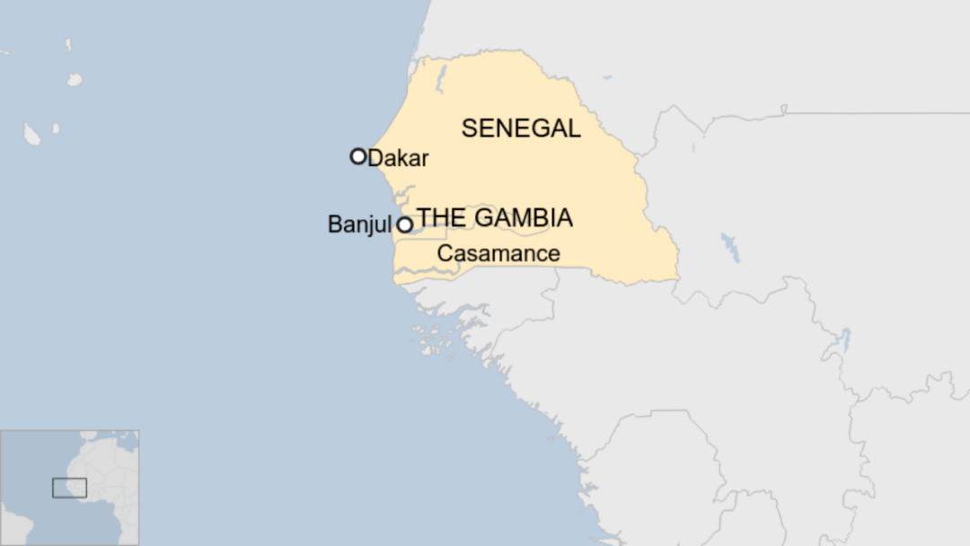 塞内加尔南部卡萨芒斯地区和冈比亚之间的位置关系及两地刺猬紫檀非法