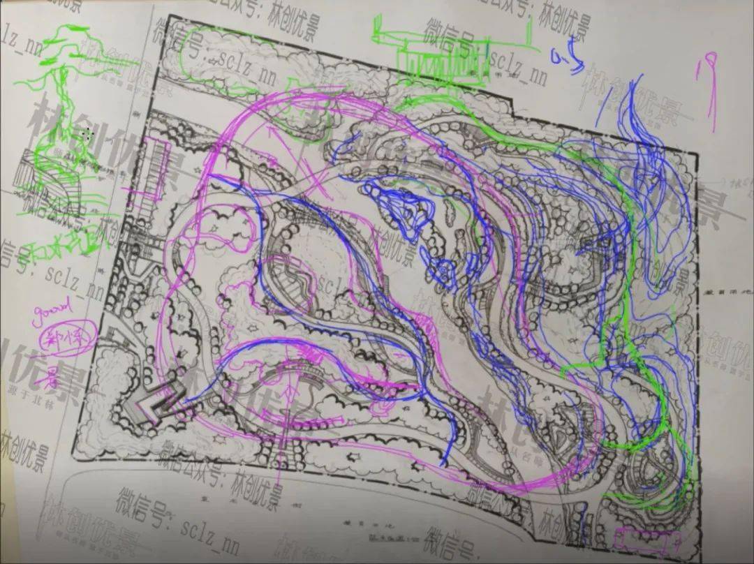 集水型綠地處理:首先利用地形,在山谷處畫擋水石,其可以降低水速,再