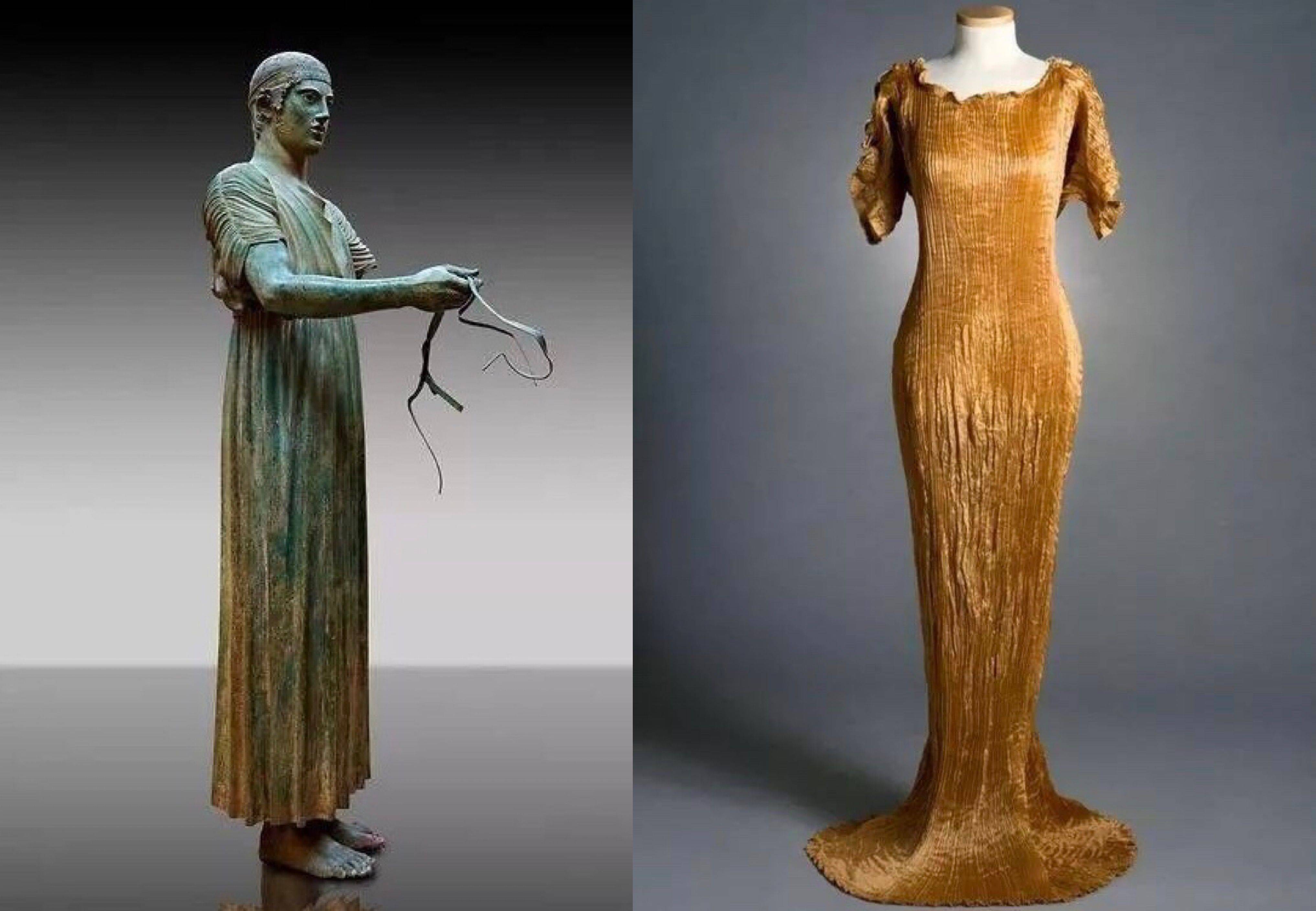 在看到德尔斐神庙中穿着褶皱长裙的雕像后,产生了灵感,并发明了"褶裥"