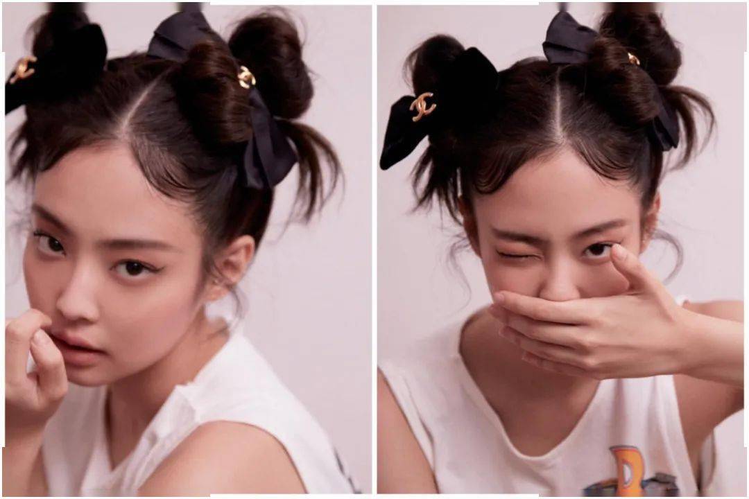 jennie的双丸子头加上两个小香的蝴蝶结发卡,除了俏皮还多了点小公主