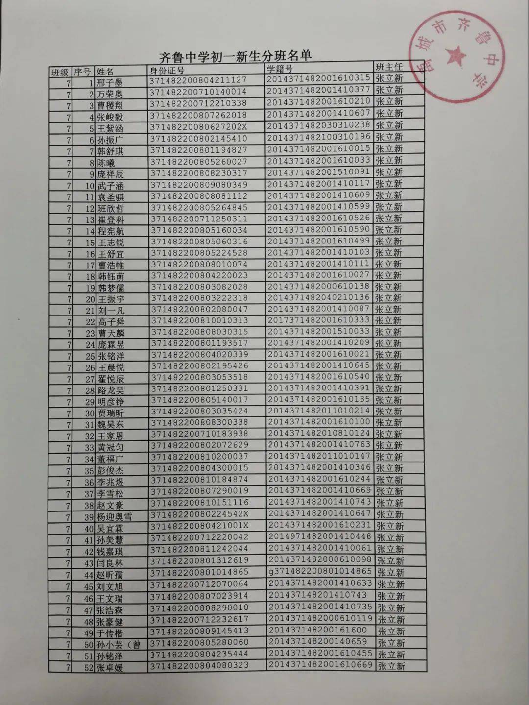 禹城市齐鲁中学初一新生分班公示及入学须知