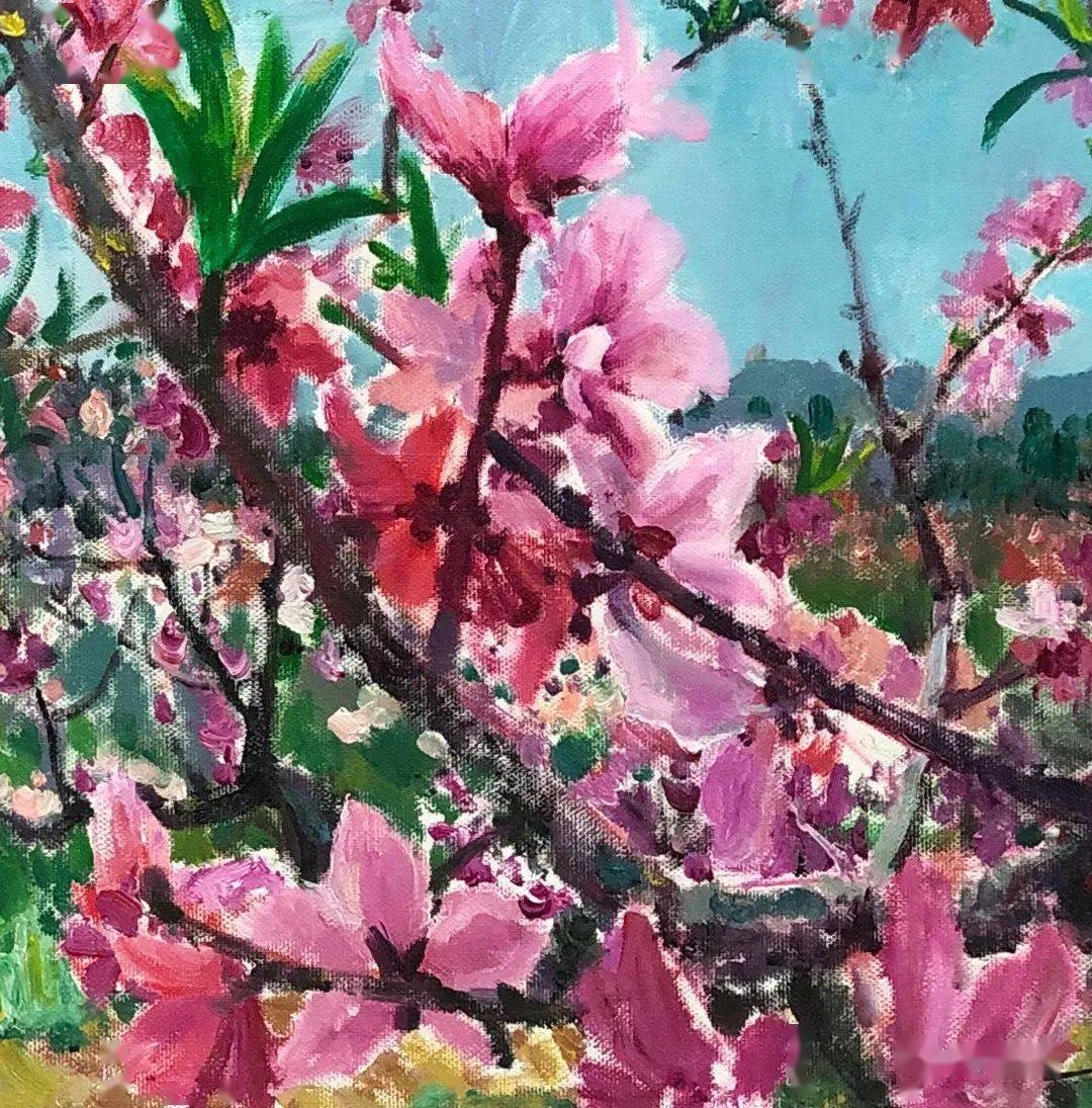 初将烂醉答春风朱辉军桃花系列油画作品