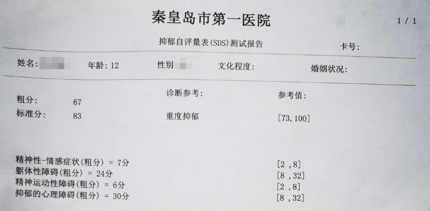 让张旭(化名)妈妈异常震惊:她刚满12岁的儿子,被诊断为重度抑郁和中度