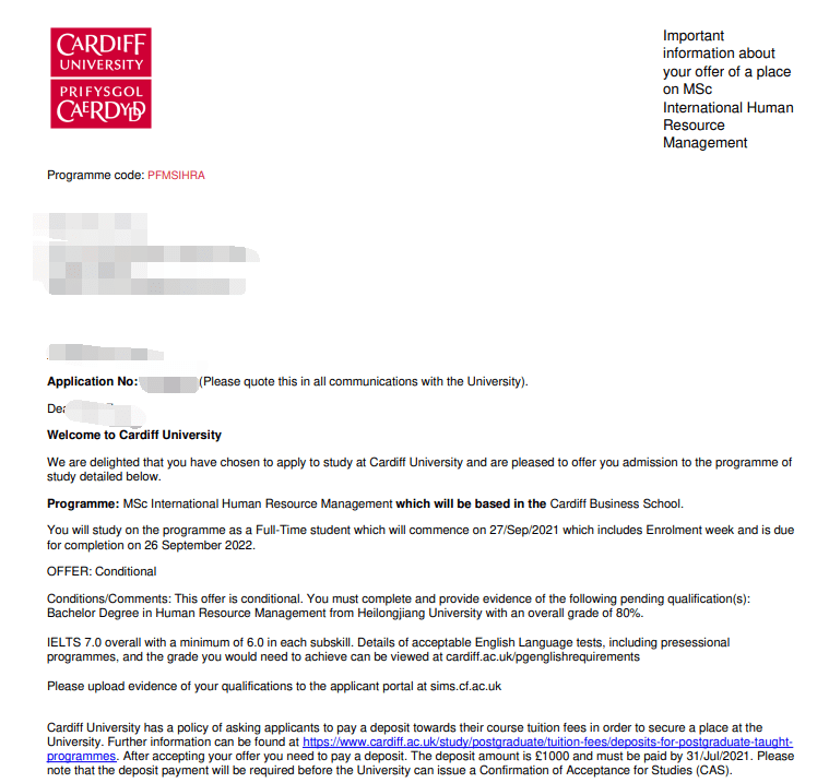 【案例分享】卡迪夫大学国际人力资源管理专业offer一枚