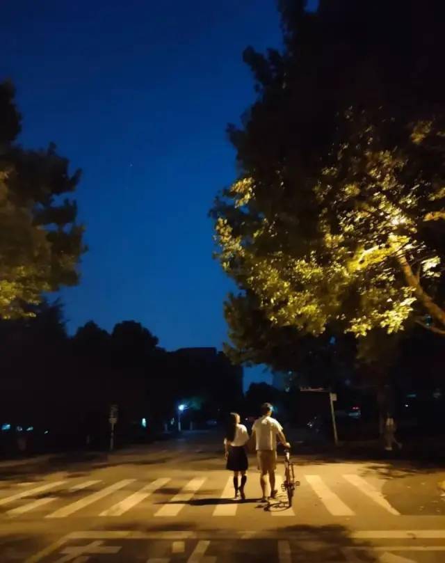 一手推着自行车,一手牵着女孩子,在夏末的夜晚 两个人并肩走在路上,真