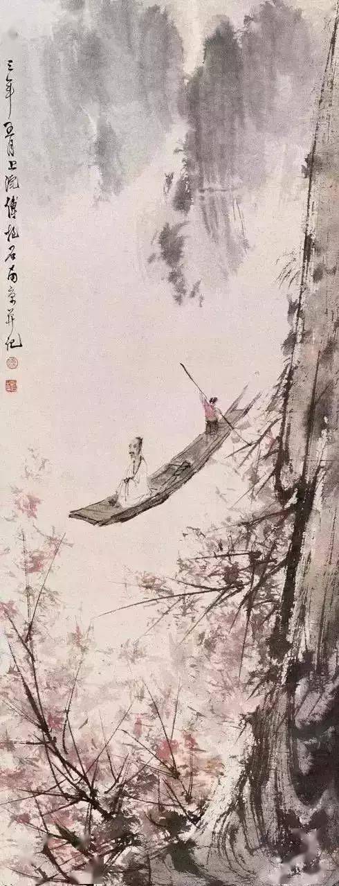 舟行碧波上,人在画中游——傅抱石《泛舟图》作品赏析_放艇