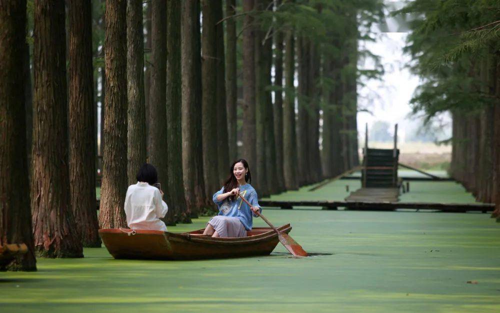 10月2日,游客在江苏省扬州市渌洋湖湿地公园乘船游玩.