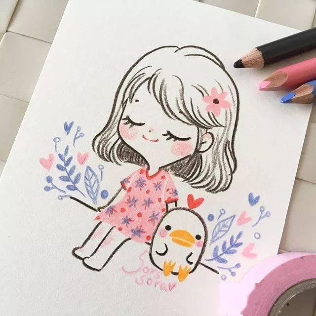 100张人物彩铅简笔画超萌小清新收图吧