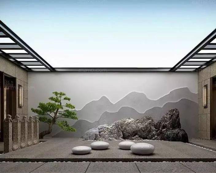 夜幕降临,仍有它独特的魅力, 山水景墙搭配景观灯