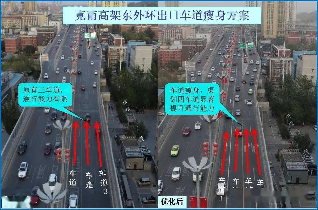 西向东东外环出口等5处路段,将行车道原有三条车道瘦身调整为四条车道