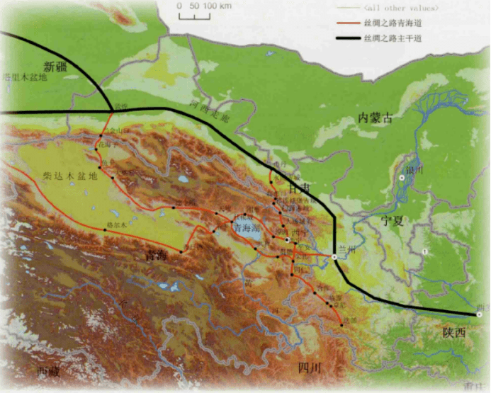 青海道以西宁为中心,向东经过河湟谷地,到兰州与丝绸之路主干道汇合