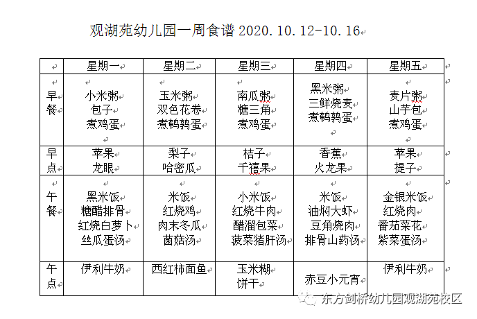合肥观湖苑幼儿园一周食谱