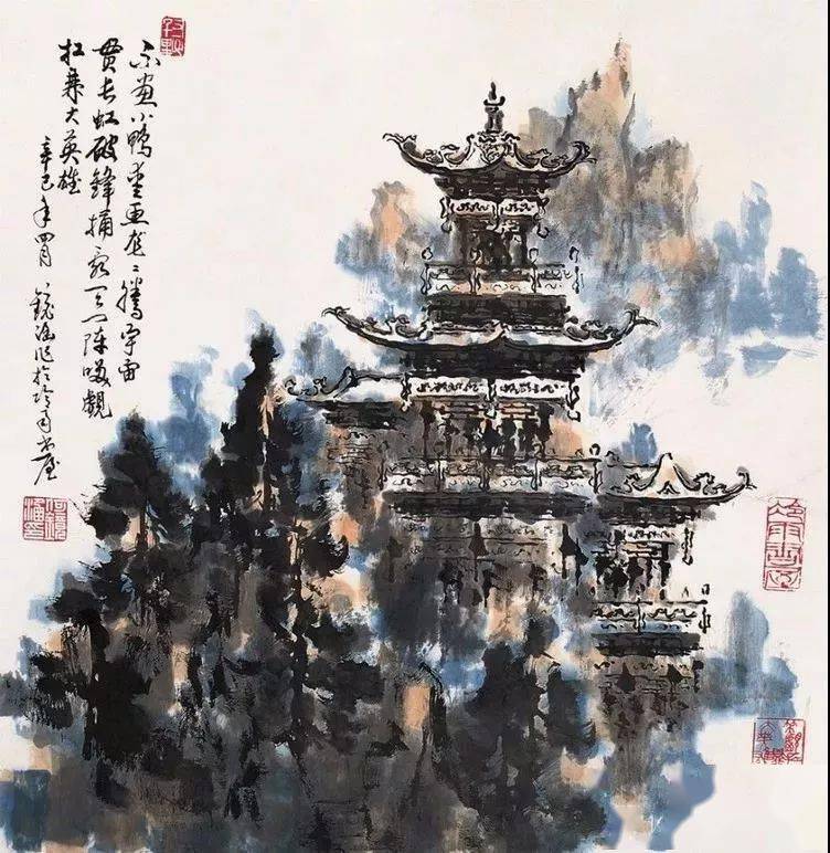 他笔下的写意阁楼山水别有意境