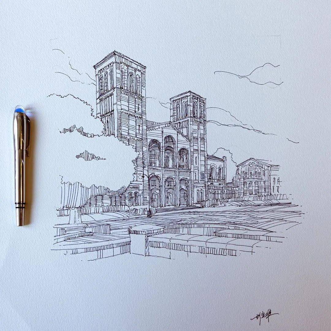 精湛钢笔风景手绘 线条精炼透视精准 是大佬无疑了