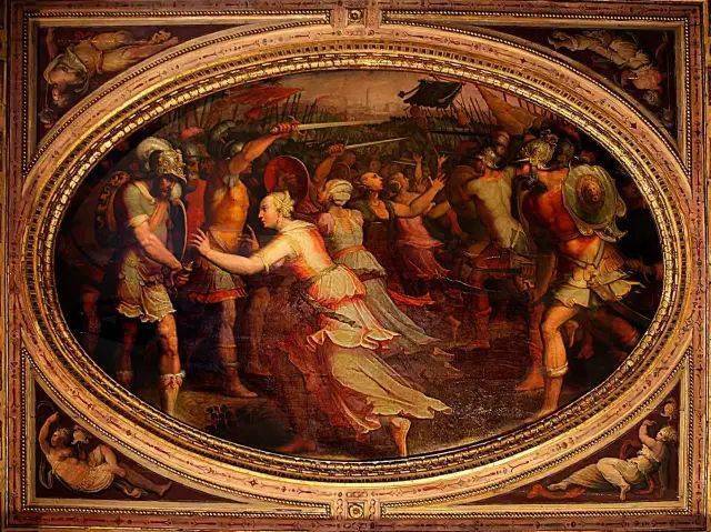 29天顶画《战场上的萨宾妇女》讲述萨宾军队进攻罗马,萨宾妇人出来