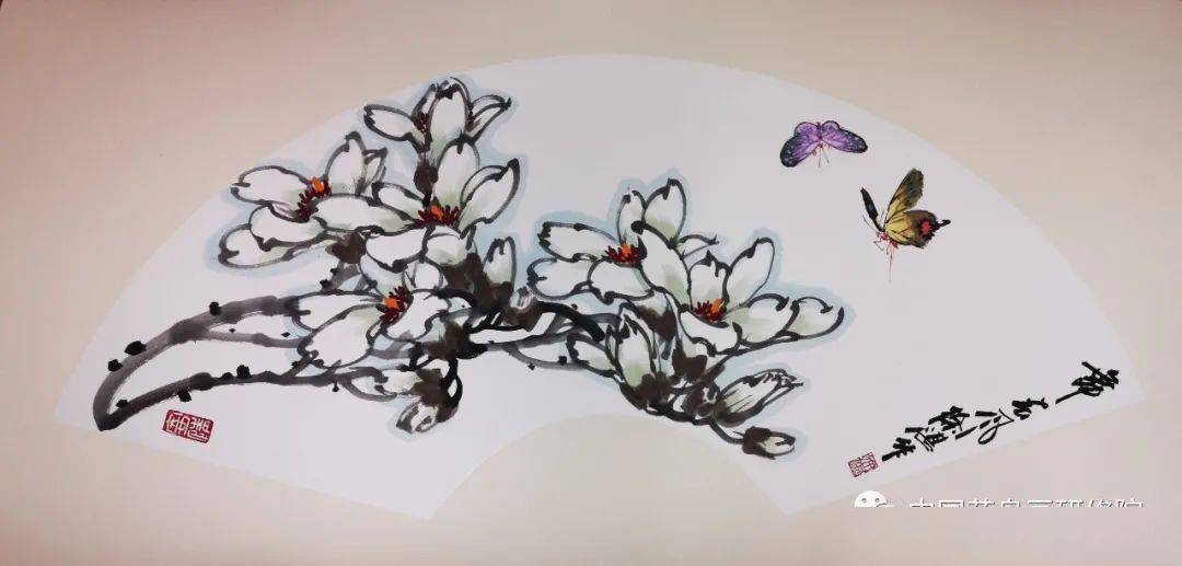 玉树临风含笑迎春徐湛教授玉兰扇面作品欣赏