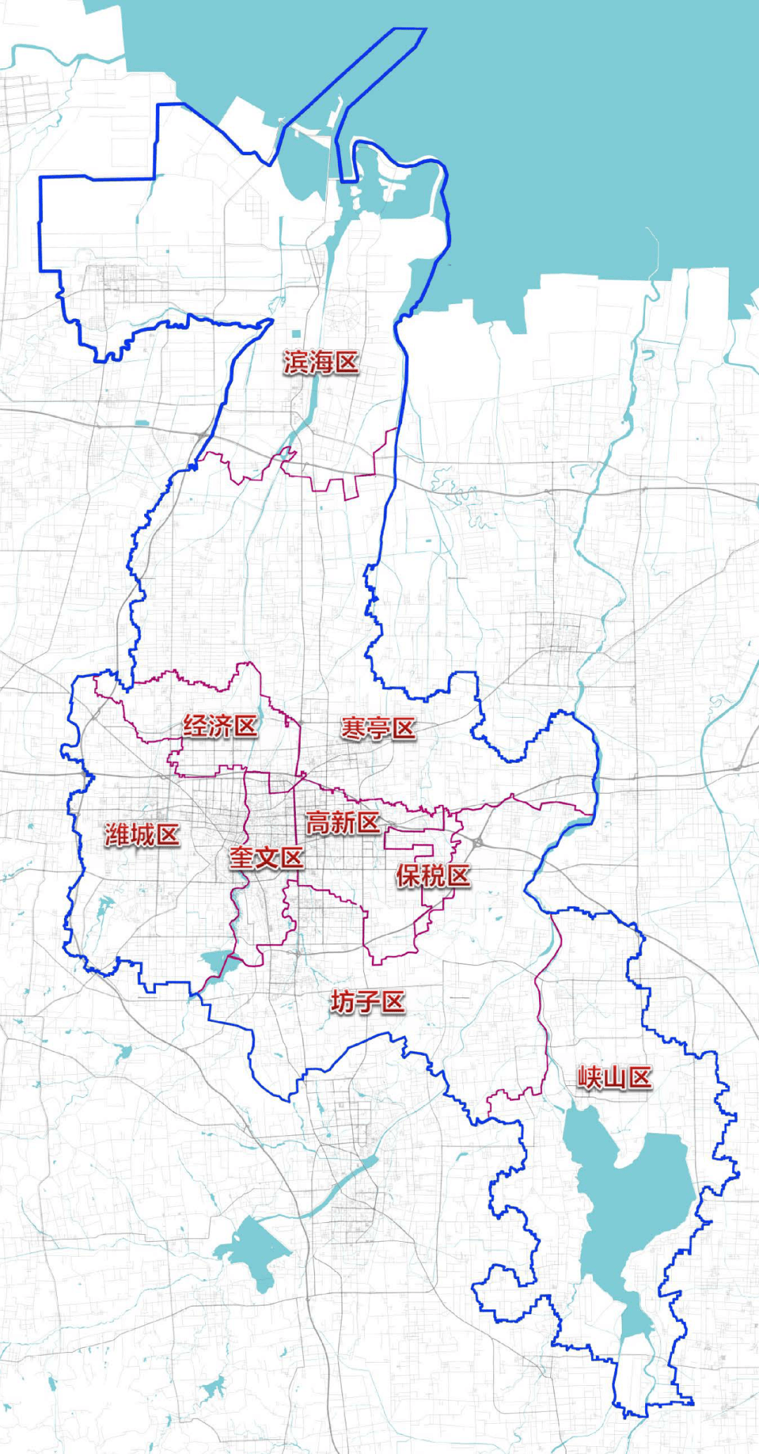 潍坊市中心城市范围,包括奎文区,潍城区,坊子区,寒亭区,高新区,经济区