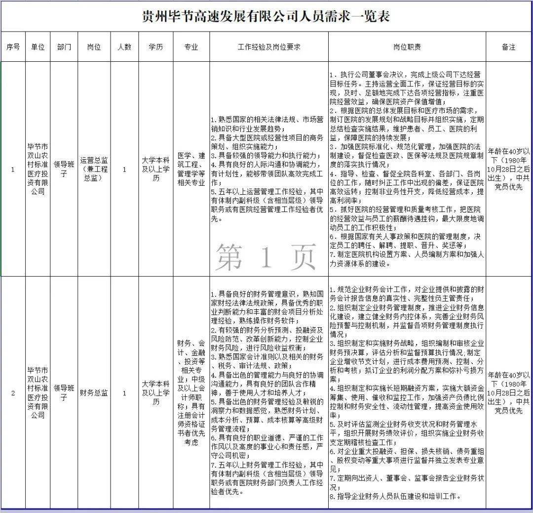 畢節市雙山農村標準醫療投資有限公司運營總監(兼工程總監)(1名);2.