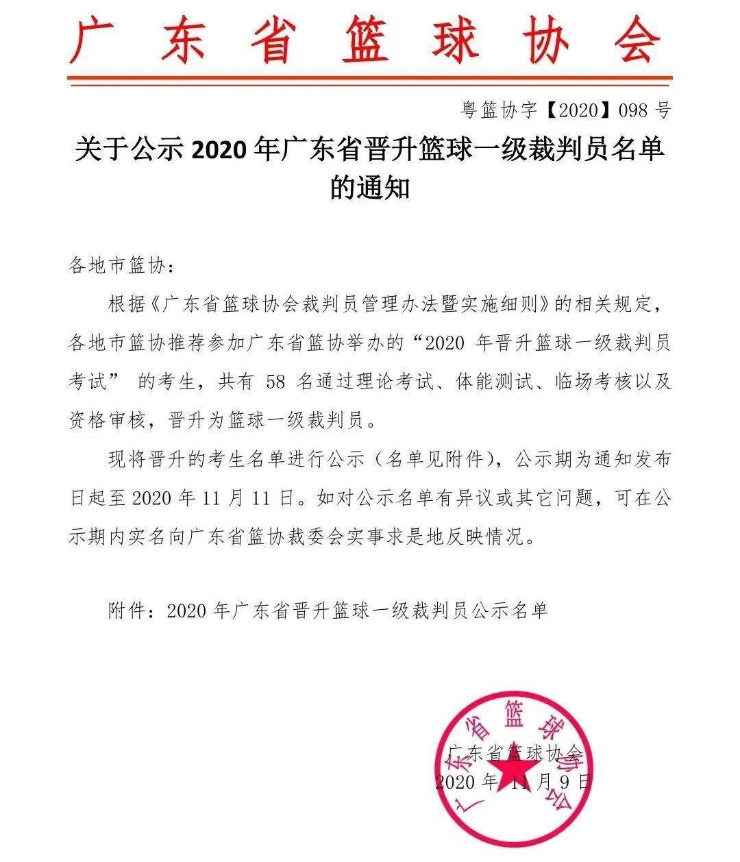 裁委會通知公示2020年晉升籃球一級裁判員名單及幫扶培養籃球一級裁判